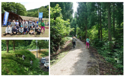 中山間地域支え隊 7月16日 牧区高尾 キャンプ場の草刈りの様子(3枚組写真)左上:集合写真、左下:法面の作業の様子、右:道の草刈り作業