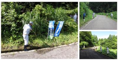 中山間地域支え隊 7月24日 浦川原区谷地内での活動の様子(3枚組写真)左:刈った草を集めています、右上:集草の遠景、右下:集草の遠景その2