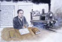 蒸気機関車と洋服姿の前島密（イラスト）