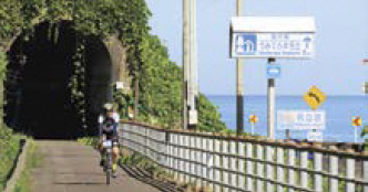 名立区の道を自転車で走る参加者（写真）