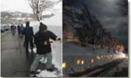 昼間、雪の壁に穴を掘る様子と、夜になり明かりが灯る様子（組写真）