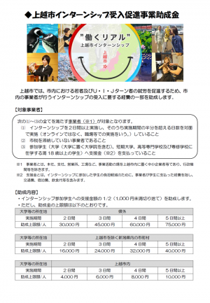 上越市インターンシップ受入促進事業助成金チラシ（画像）