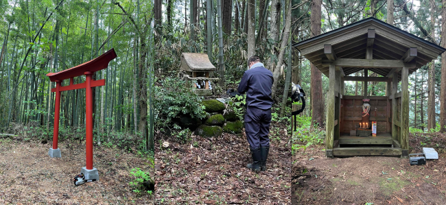 新しい鳥居の様子　祠に手を合わせる参加者（組写真）