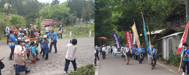 子供たちが神輿を引く様子（組写真）