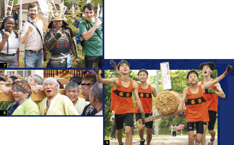 ​写真番号7 笑顔の外国人来場者と甲冑を着た参加者、写真8番号 謙信公みこし渡御​、写真番号9 手を振り上げ、走る献納米合戦参加者